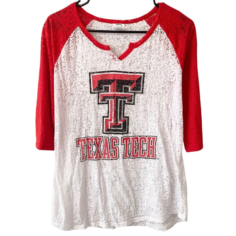 TEXAS TECH Graphic Three Quarter Shirt Size XL White Red Split Neck Lightweight